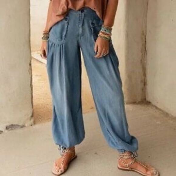 Oli & Hali Pants Large Wide Leg ankle ties Chambray Tencel waist 30" medium - Picture 1 of 15